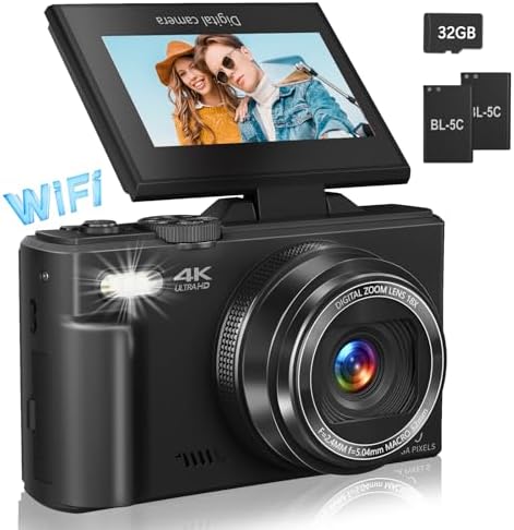 Digital Camera for Photography, 4K Vlogging Camera for YouTube 3" 180° Flip Screen 18X Digital Zoom Compact Retro Cameras with 32GB TF Card & 2 Batteries, Black