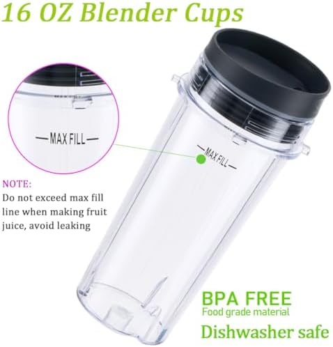 Replacement16oz Blender Cup for Ninja,Single Serve Blender Cup With Lids Set For BL770 BL780 BL660 BL740 BL810 Nutri Ninja Series Blenders (2-pack)