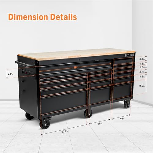 Olympia Tools 72 inch Heavy Duty Mobile Tool Chest Tool Box, with Solid Wood Top Workbench, 15-Drawer Rolling Tool Chest, Tool Storage Organizer for Garage, Workshop, and Home, Black