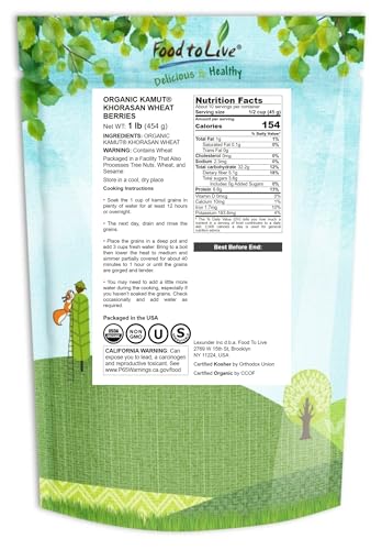Food to Live Organic KAMUT Khorasan Wheat Berries, 5 Pounds – 100% Whole Grain, Sproutable for Wheatgrass, Non-GMO, Kosher, Bulk