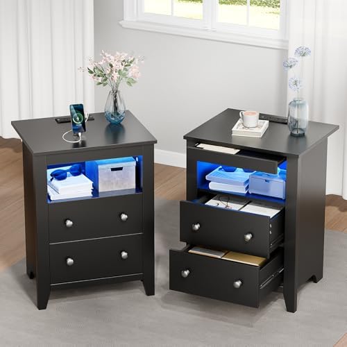 Black Nightstand with Gun Drawer, Night Stand with Charging Station & LED Lights, Bedside Table with Tray & 2 Drawers, End Side Table with Hidden Compartment for Valuables Storage