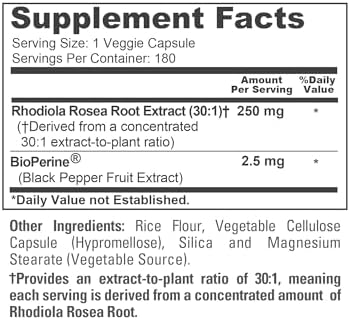 Rhodiola Rosea, Non-GMO, vegan, 250mg, 180 Veggie Capsules - 180 Servings | Plant Based 30:1 Extract, BioPerine, Suitable for Adults