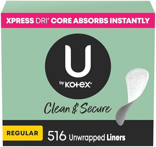 U by Kotex Clean & Secure Panty Liners, Light Absorbency, Regular Length, 516 Count (4 Packs of 129) (Packaging May Vary)