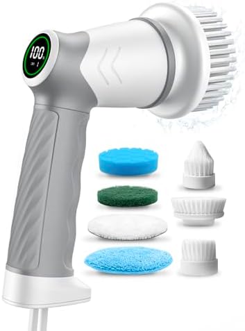 DAESUNG Electric Spin Scrubber, Cordless Power Scrubber & Electric Cleaning Brush with 7 Replaceable Heads, Dual Speed IPX7 Waterproof Handheld Scrubber for Bathroom, Shower & Tile Cleaning