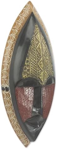NOVICA Black and Red Sese Wood African Wall Mask with Brass Accents, 'A Peace Blessing'