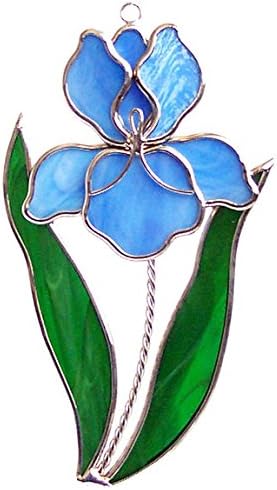 Blue Iris Stained Glass Suncatcher 7x4 Inch – Real Stained Glass Silver Plated Hanging Flower Ornament – Christian Symbol of Faith Wisdom Hope