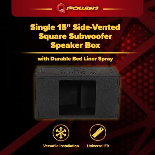 QPower QBOMB Single 12-Inch Speaker Box – Side-Ported Design with Black Bed Liner – Compatible with Kicker L7 Subwoofer