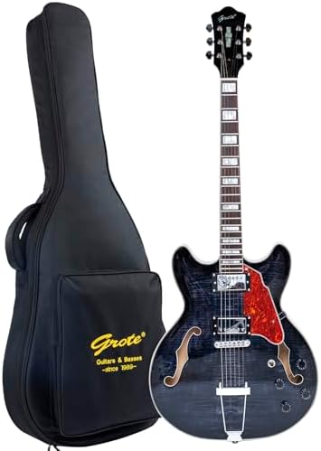 GROTE Jazz Electric Guitar Semi-Hollow Body Trapeze Tailpiece Bridge Guitar Gig Bag (RED)