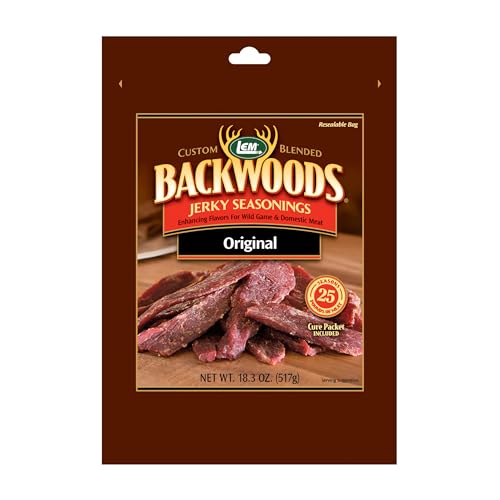 LEM Products Backwoods Original Jerky Seasoning, Ideal for Wild Game and Domestic Meat, Seasons Up to 25 Pounds of Meat, 18.3 Ounce Packet with Pre-Measured Cure Packet Included