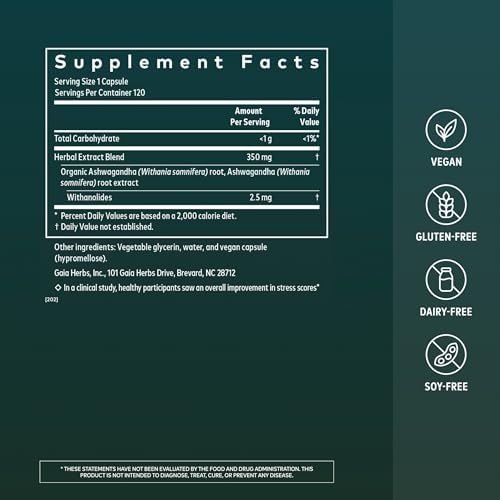 Gaia Herbs Ashwagandha Root 350 mg - Supports Balanced Energy Levels & Positive Outlook*- Supports Healthy Cortisol Balance* - 60 Vegan Liquid Phyto-Caps (30 Servings)