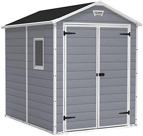Keter Manor 6x8 Foot All Weather Garden Tool Outdoor Storage Shed with Lockable Double Doors, Fixed Window and Wood-Look Resin Walls