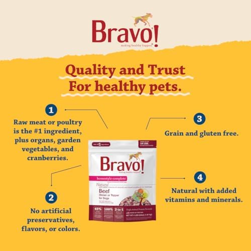 Bravo! Homestyle Complete Freeze Dried Raw Dog Food, Beef, 2 Pounds | Whole Food Ingredients, Rehydrate with Water for Up To 9 Pounds of Food, Use as Meal or Food Topper, Grain Free, Gluten Free