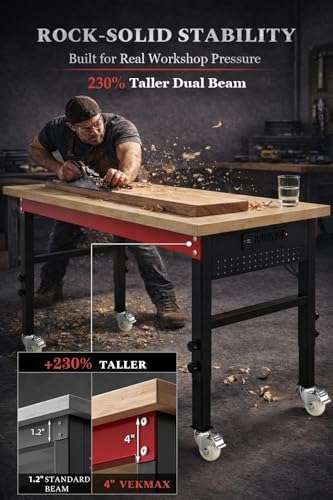60" Heavy Duty Workbench, 2500 LBS Load Capacity Work Bench with 1.2" Laminated Oak Wood Top & Reinforced Steel Frame, Adjustable Height Work Table for Garage, Workshop, Office, Home (Casters)