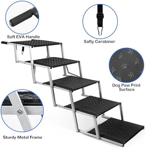 Foldable Dog Stairs for Car,17" Extra Wide Pet Ramp for Large Dog,6 Steps | 17" Extra Wide 200LBS Capacity Lightweight Portable Reinforced Pet Ramp for SUV Truck High Bed