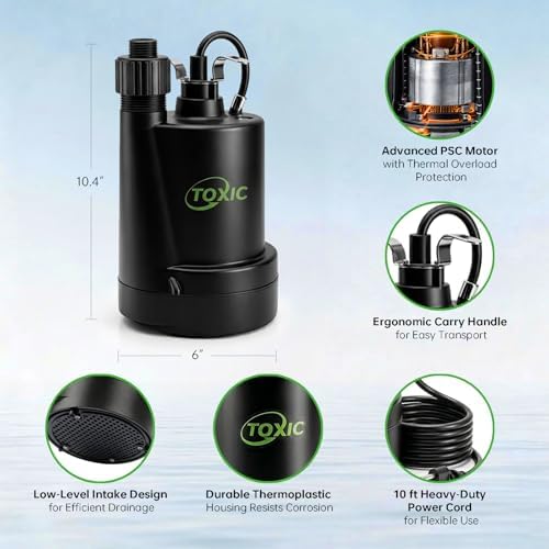 1/4 HP Submersible Sump Pump 1800 GPH Portable Utility Water Pump with 10ft Cord Thermoplastic Construction High Flow Drain Pump for Basement Garden
