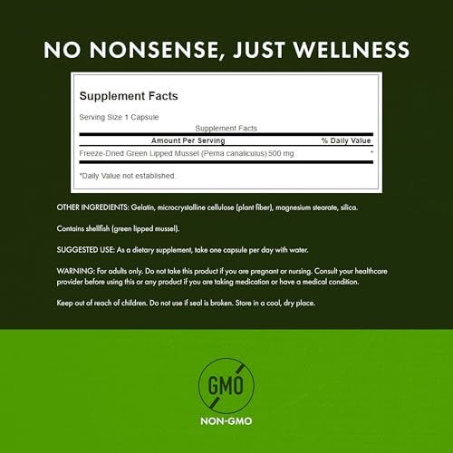 Swanson Green Lipped Mussel (Freeze-Dried) (500mg Each, 60 Capsules) | New Zealand Joint Health and Mobility Supplement, Natural Formula May Support Heart Health and Digestive Function