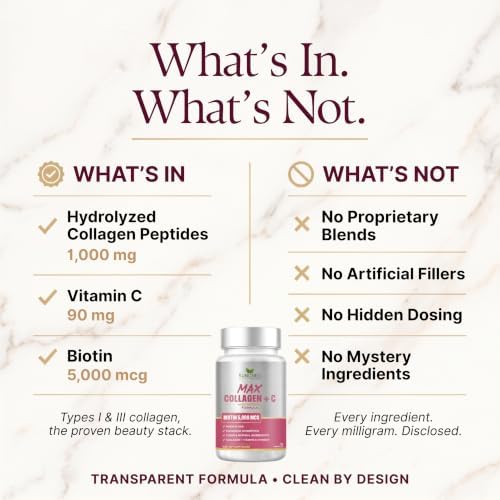 Max Collagen Plus C (60 caps) - All Natural Collagen Capsules with Biotin & Bioperine to Boost Anti Aging Hydration & Skin Firmness - Collagen Pills to Strengthen Bones & Nails