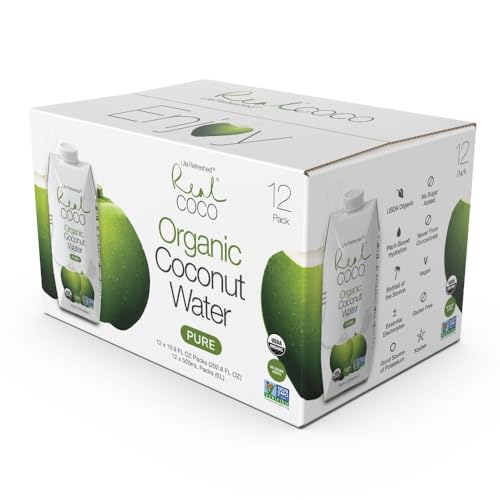Real Coco Organic Pure Coconut Water (6-Pack 1L), USDA Organic, No Added Sugar, Plant Based, Packed with Electrolytes, Vegan