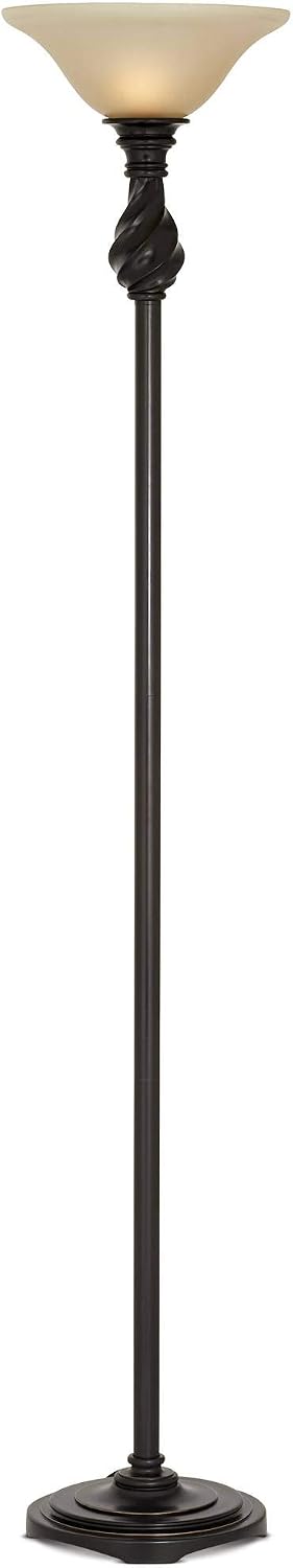 Regency Hill Restoration Bronze 70" Tall Amber Glass Torchiere Floor Lamp | Traditional Hand Applied Black Swirl Font Shade Standing Pole Light for
