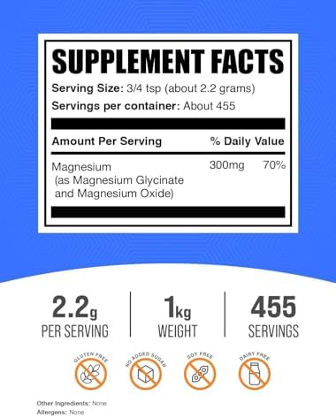BulkSupplements.com Magnesium Glycinate Powder - Magnesium Glycinate 300mg, Highly Absorbable - Gluten Free, 2.2g per Serving, 500g (1.1 lbs) (Pack of 1)