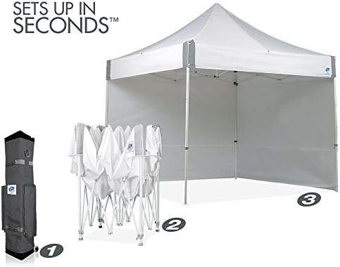 E-Z UP ES100S Instant Commercial Pop Up Canopy Tent, 10' x 10' with 3 Sidewalls, 1 Mid-Zip Sidewall and Wide-Trax Roller Bag, White