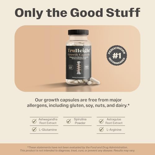 TruHeight Growth Capsules - Tall Nutrition for Natural Growth Supplement for Kids & Teens - Pediatric Vitamin D, K, Calcium & Ashwagandha - Bone Strength - Kids Vitamins D3 K2 Pills, Taller Ages 5+