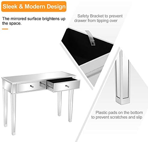 Bonnlo Mirrored Console Table with 2 Drawers for Entryway/Hallway Silver Bedroom Desk Sofa Tables for Living Room