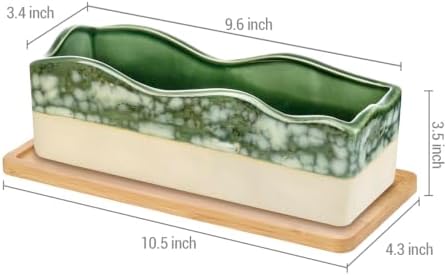MyGift Beige Green Ceramic Glazed Rectangular Succulent Planter Pot