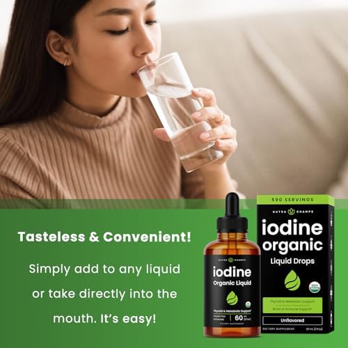 Organic Iodine Liquid Drops - 250 mcg Iodine Supplement for Women & Men - Potassium Iodide Solution 250 mcg - 590 Servings - Thyroid