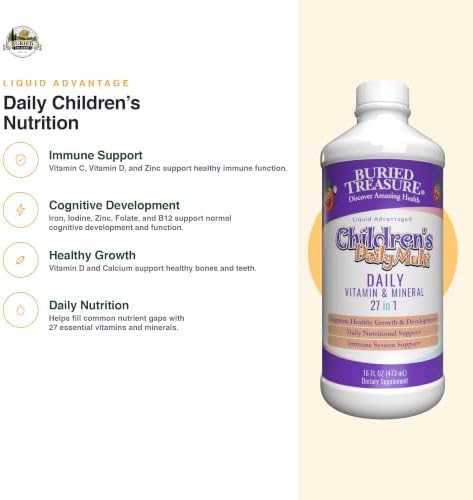Buried Treasure Children’s Daily Liquid Multivitamin – 27 Vitamins & Minerals with SuperFood Blend – Sugar Free, Vegan, Orange Mango Flavor