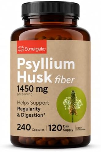 Premium Psyllium Husk Fiber Supplement 1450mg, 240 Capsules | 1,450 mg per 2-capsule serving; supports regularity & digestive health, with 120 servings and no powder mixing