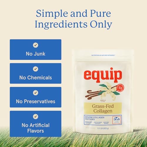 Equip Foods Grass Fed Collagen Powder | Hydrolyzed Bovine Collagen Peptides with Amino Acids | Prime Beef Collagen for Healthy Joints, Skin & Nails | Non-GMO, Paleo Friendly | 30 Servings, Unflavored