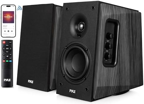 Pyle Powered Bookshelf Speaker System with Bluetooth, 80W Active Stereo Speakers, Bass Reflex Natural Wood Cabinet, Hi Def ARC, Optical, Coax, Subwoofer Out, for Entertainment, Studio (Pair)
