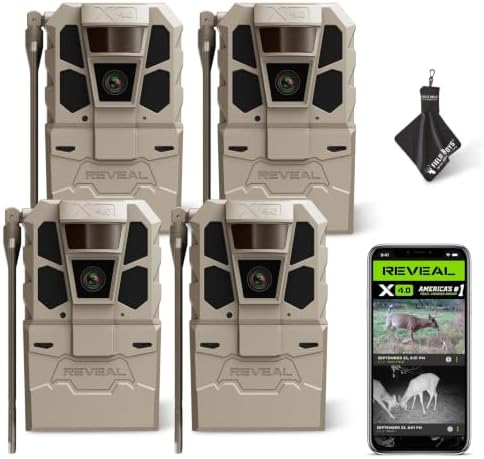 TACTACAM Reveal X 4.0 Cellular Trail Camera (4-Pack) + Microfiber Cloth | Night Vision, Waterproof, 4K Photo & 1080p Video, Industry-Best Battery Life