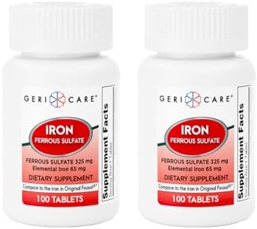 GeriCare Ferrous Sulfate Tablets 325mg, Elemental Iron 65 mg High Potency Iron Supplement | Dietary Supplement 100 Count. (Pack of 1)