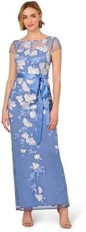 Adrianna Papell Cascading Floral Embroidered Long Column Gown
