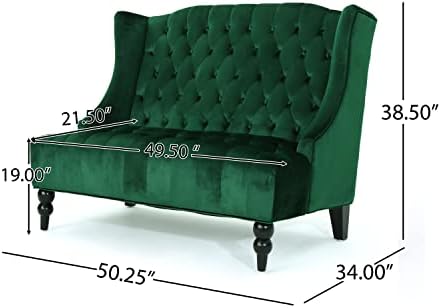 Christopher Knight Home Leora Modern Glam Tufted Velvet Wingback Loveseat, Emerald / Dark Brown