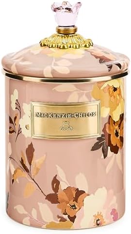 MACKENZIE-CHILDS Enamel Canister, Medium, White Butterfly Garden | Hand-applied design, made from enameled steel, versatile kitchen storage container for flour and sugar, 48-ounce capacity