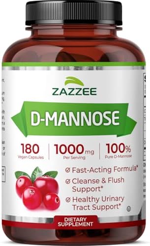 Zazzee D-Mannose, 1000 mg per Serving, 180 Vegan Capsules, 3 Month Supply | Potent & Fast-Acting, Certified Kosher, 100% Pure, All-Natural Urinary Tract Health Support, 100% Vegetarian, Non-GMO
