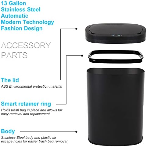 Kitchen Trash Can | Stainless Steel 13 Gallon Trash Can | 50L Touch Free Garbage Can with Lid | Electronic Sensor High Capacity Trash Bin for