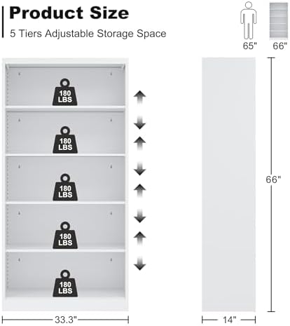 Bookcase,5 Tier White Bookshelves,66" Tall Free Standing Metal Bookcase with Adjustable Storage Shelves, Industrial Wide Bookshelf for Bedroom Living Room Home Office School