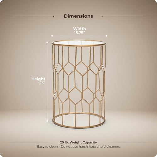 Click365 Harper Round Glass Accent Side Table, 16 Inch Modern End Table with Gold Metal Geometric Frame for Living Room, Bedroom or Small Spaces