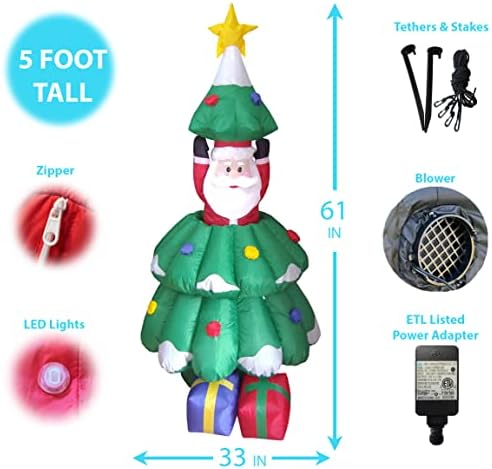 5 FT Animated Lighted Christmas Inflatable Santa Claus Rising from Tree | Outdoor Indoor Yard, Built-in LED Lights, Self-Inflating Blower