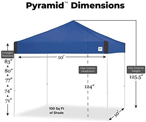 E-Z UP Pyramid Instant Shelter Canopy Pop Up Tent, 10' x 10' with Wide-Trax Roller Bag & 4 Piece Spike Set, Royal Blue