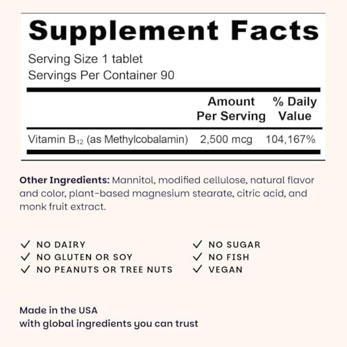 EZ Melts Dissolvable B12 Methylcobalamin 2,500 mcg - Vitamin B12 for Energy & Immune Support - Non-GMO, Vegan & Gluten-Free - Red Cherry - 90 Sublingual Tablets (90 Servings)