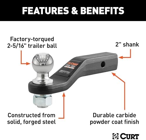 CURT 45331 Loaded Ball Mount, 2-5/16" Ball, 15, 000 lb, 2" Drop | Fits 2" Receivers, 1, 500 lb Tongue Weight, Solid Forged Steel