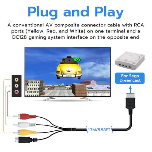 Mcbazel AV Cable for Sega Dreamcast, Composite RCA Audio Video Cord Compatible with Sega Dreamcast - 1.7M/5.58FT