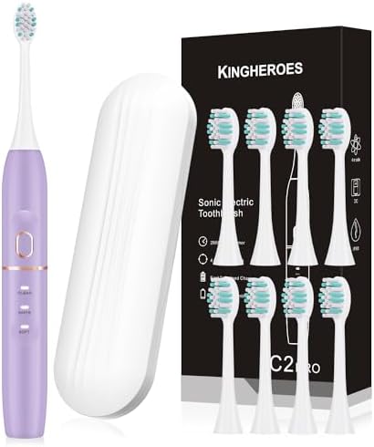 kingheroes Electric Toothbrush Set, Comes with 8 Brush Heads & Travel Case, 4 Modes with 2 Minutes Built in Smart Timer, One Charge for 60 Days