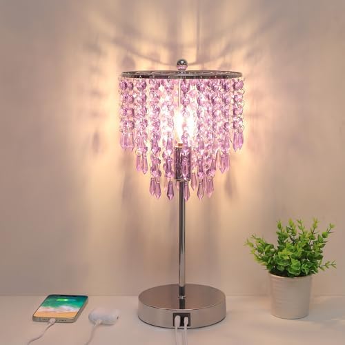 Touch Control Crystal Table Lamp with USB C+A Charging Ports, 3-Way Dimmable Bedside Touch Lamp Decorative Nightstand Lamp with Elegant Lampshade for Living Room Bedroom, B11 LED Bulb Included