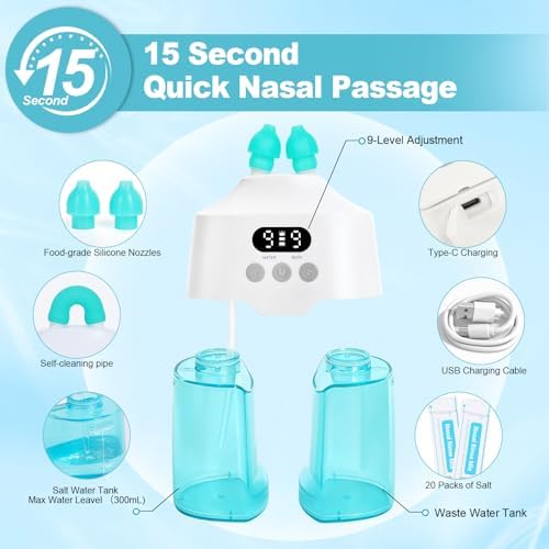 Nasal Irrigation System Electric Nasal Irrigator Smart Display Nasal Sinus Rinse Machine | Dual Water Tanks 9 Suction & Water Flow Modes